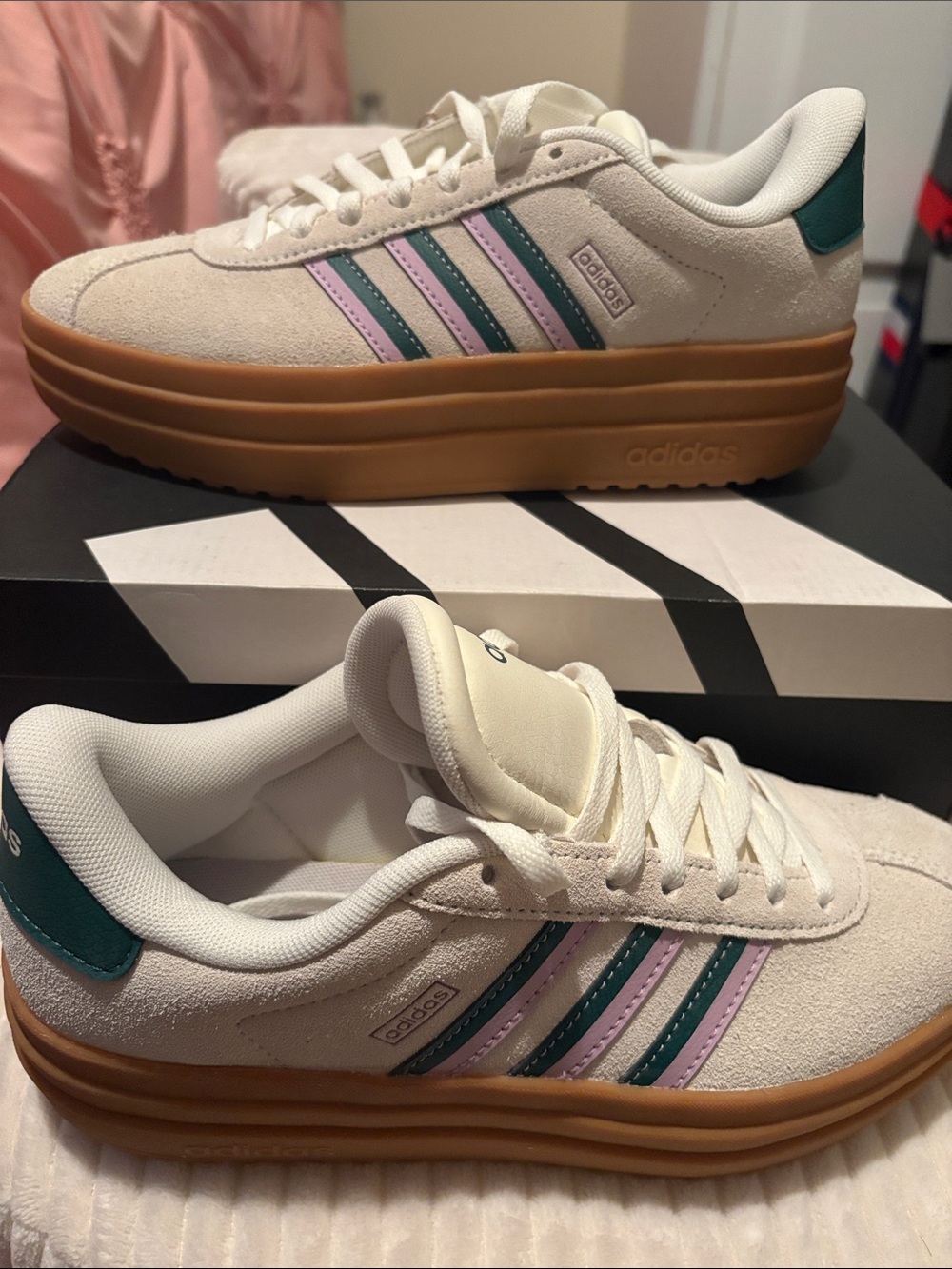 adidas Women’s White Platform Sneakers with Pink & Teal Stripes - Picture 3 of 4
